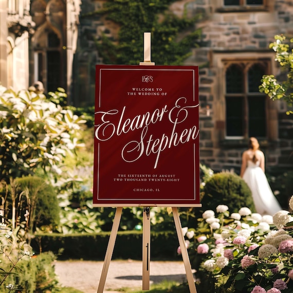Burgundy Old Money Wedding Welcome Sign Template, Editable Wedding Sign, Vintage Wedding Sign Template, Crimson and Cream – ELEANOR