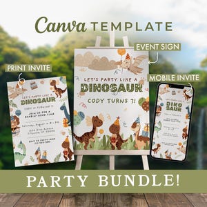 BUNDLE – Dinosaur Birthday Party Bundle Canva Template, Invitation & Event Sign, Printable and Mobile Versions, Dino Party Digital Download