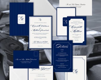 Zestaw zaproszeń ślubnych w kolorze granatowym, eleganckie zaproszenie z monogramem (edytowalny szablon Canva)