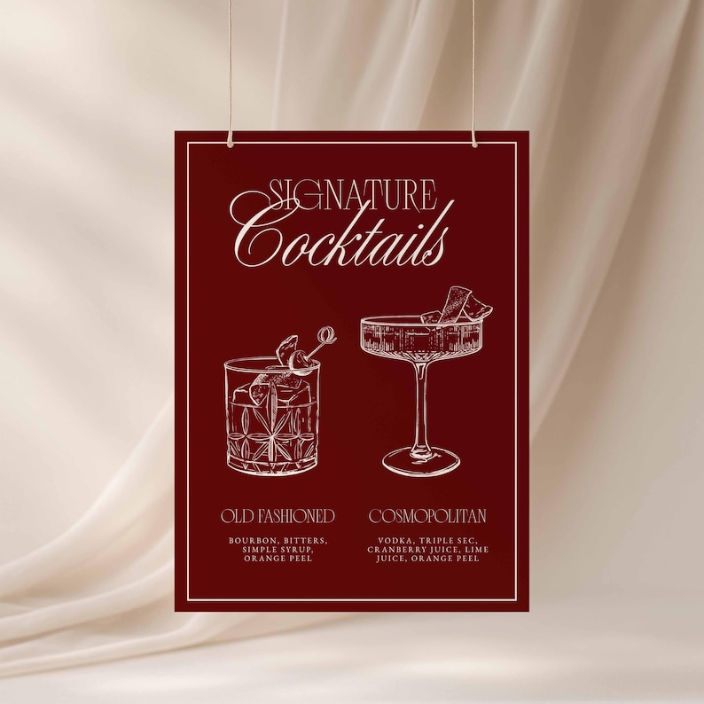 Signature Drink Bar Menu Sign, Cocktail Menu Wedding Sign, Bar Menu ...