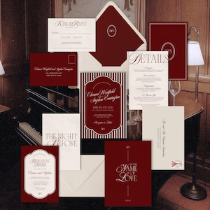 Burgundy Old Money Wedding Invitation Suite Template, Wedding RSVP Card Details Card, Crimson and Cream Wedding Invitation – ELEANOR image 1