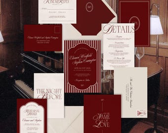 Burgundy Old Money Wedding Invitation Suite Template, Wedding RSVP Card Details Card, Crimson and Cream Wedding Invitation – ELEANOR