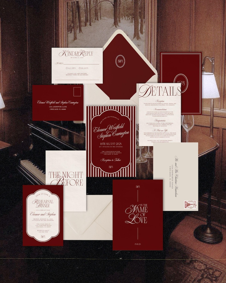Burgundy Old Money Wedding Invitation Suite Template, Wedding RSVP Card Details Card, Crimson and Cream Wedding Invitation – ELEANOR image 1