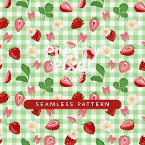 Strawberry Seamless Pattern, Gingham Picnic Digital Paper, Coquette Cottagecore Background, Summer Fruit Floral Design, Instant Download