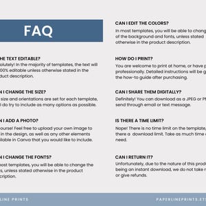 Op de afbeelding: Een digitale FAQ-sheet met een blauwe koptekst met de tekst "FAQ". De tekst beantwoordt vragen over het bewerken van kleuren, tekst, grootte, het toevoegen van foto's, afdrukken, digitaal delen, tijdslimieten, het wijzigen van lettertypen en retouren. De Etsy-shopnaam staat onderaan.
