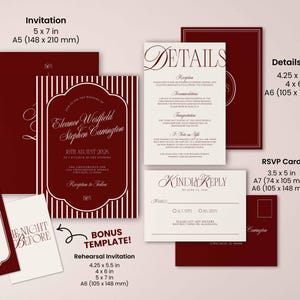 May include: A collection of burgundy and cream wedding stationery. Includes invitations, details cards, and RSVP cards. The invitation is 5 x 7 inches, with the names Eleanor Westfield and Stephen Carrington. The details card is 4.25 x 5.5 inches.