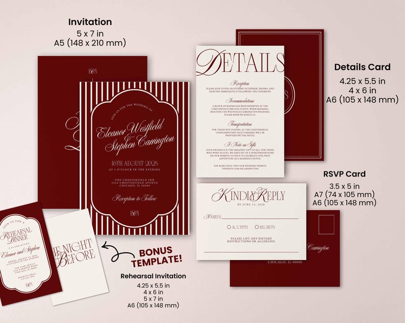 May include: A collection of burgundy and cream wedding stationery. Includes invitations, details cards, and RSVP cards. The invitation is 5 x 7 inches, with the names Eleanor Westfield and Stephen Carrington. The details card is 4.25 x 5.5 inches.