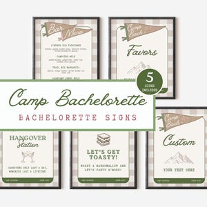 May include: A set of five framed signs with a beige and white checkered background. Each sign features a pennant graphic with the text Camp Bach, mountain illustrations, and green accents. The signs include text such as Bar Menu, Favors, Hangover Station, Let's Get Toasty, and Custom.