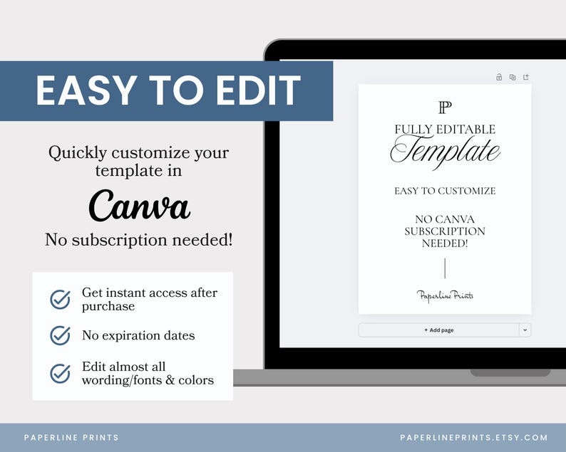 Puede incluir: Una pantalla de port&aacute;til muestra una plantilla digital con el texto "EASY TO EDIT" y "FULLY EDITABLE Template". La plantilla es personalizable en Canva, sin necesidad de suscripci&oacute;n. Texto adicional destaca el acceso instant&aacute;neo, sin fechas de caducidad y palabras, fuentes y colores editables.