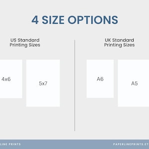 Op de afbeelding: Afbeelding met vier afdrukformaatopties. De formaten zijn 4x6 en 5x7 voor Amerikaanse standaarden en A6 en A5 voor Britse standaarden. De tekst "4 SIZE OPTIONS" staat bovenaan. De tekst "PAPERLINE PRINTS" is ook opgenomen.
