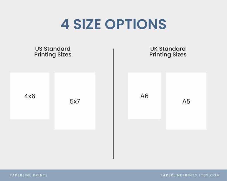 Op de afbeelding: Afbeelding met vier afdrukformaatopties. De formaten zijn 4x6 en 5x7 voor Amerikaanse standaarden en A6 en A5 voor Britse standaarden. De tekst "4 SIZE OPTIONS" staat bovenaan. De tekst "PAPERLINE PRINTS" is ook opgenomen.