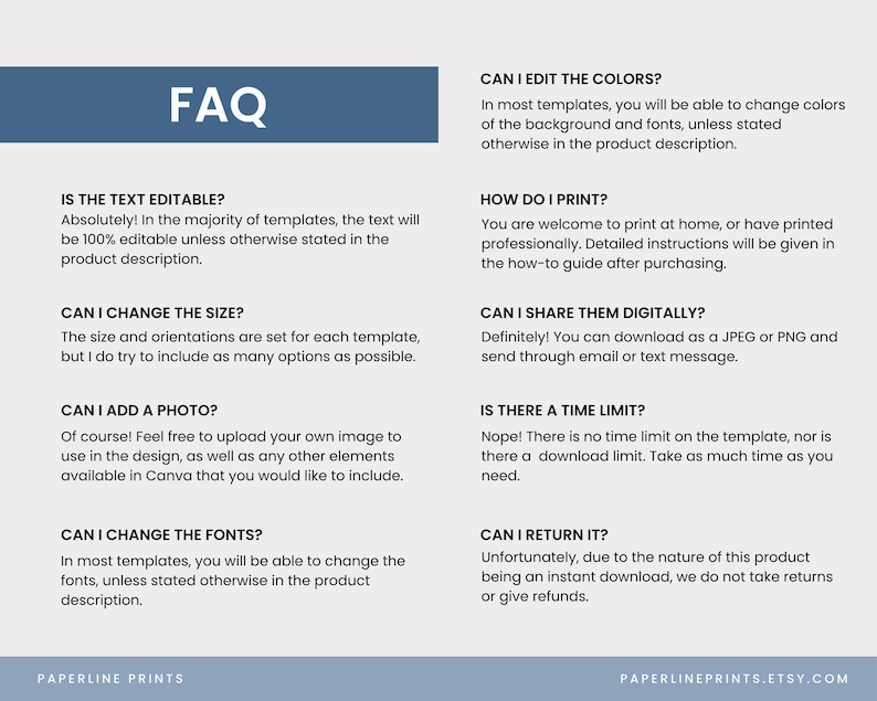 Puede incluir: Una hoja de preguntas frecuentes digital con un encabezado azul que dice "FAQ". El texto responde preguntas sobre la edici&oacute;n de colores, texto, tama&ntilde;o y fuentes. Tambi&eacute;n aborda la adici&oacute;n de fotos, la impresi&oacute;n, el intercambio digital, los l&iacute;mites de tiempo y las devoluciones.