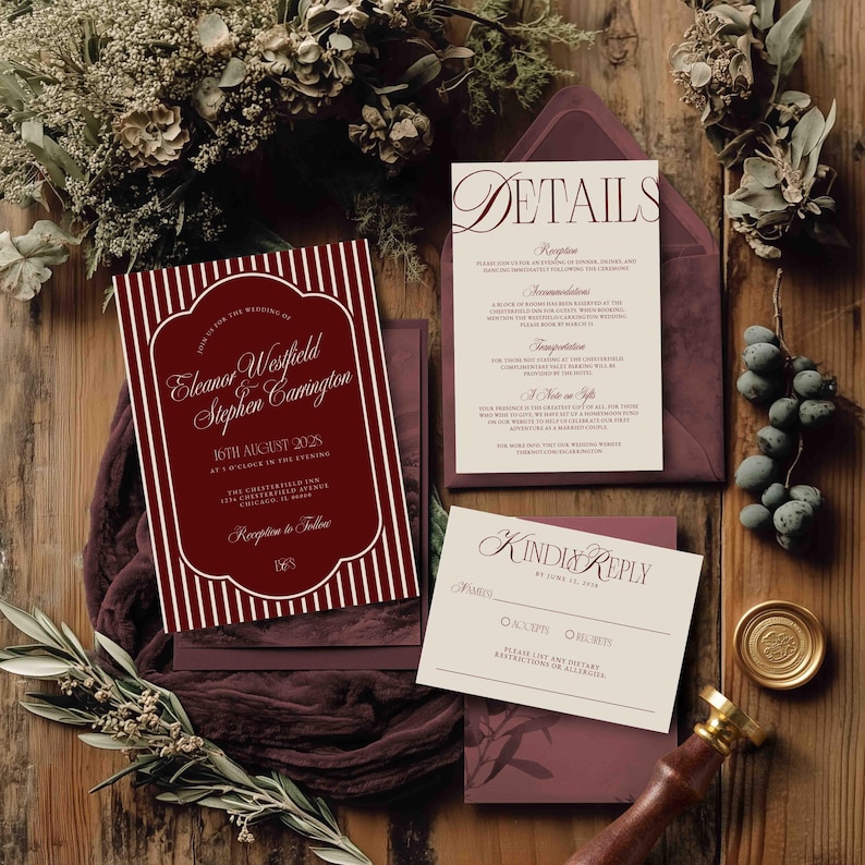 May include: Wedding invitation suite featuring burgundy and white stationery. The invitation card has a striped border and the names "Eleanor Westfield" and "Stephen Carrington". Other cards include "Details" and "Kindly Reply".