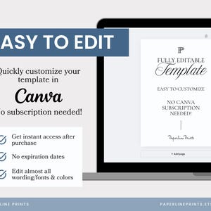 K&ouml;nnte beinhalten: Ein Laptop-Bildschirm zeigt eine wei&szlig;e Vorlage mit dem Text "FULLY EDITABLE Template" und "EASY TO CUSTOMIZE." Das Bild enth&auml;lt auch den Text "EASY TO EDIT" und "Passen Sie Ihre Vorlage schnell in Canva an. Kein Abonnement erforderlich!"