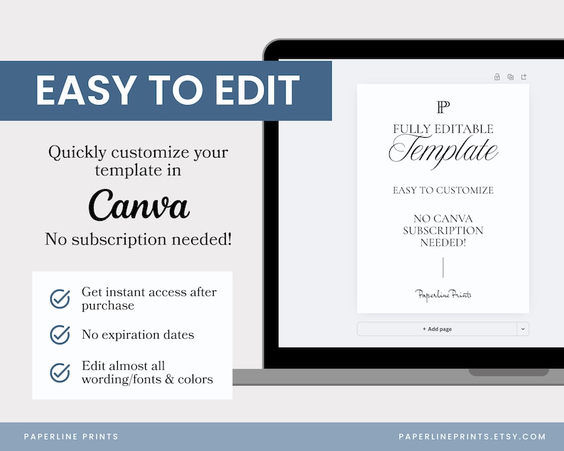 K&ouml;nnte beinhalten: Ein Laptop-Bildschirm zeigt eine wei&szlig;e Vorlage mit dem Text "FULLY EDITABLE Template" und "EASY TO CUSTOMIZE." Das Bild enth&auml;lt auch den Text "EASY TO EDIT" und "Passen Sie Ihre Vorlage schnell in Canva an. Kein Abonnement erforderlich!"