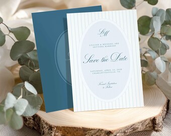 Klassiek blauw bewaar-de-datumsjabloon voor bruiloft, krijtstreep countryclubstijl (bewerkbare canvassjabloon) – LILLIAN