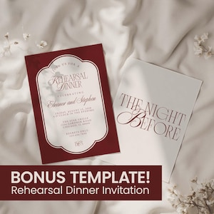 May include: Burgundy and white rehearsal dinner invitation with elegant script. The invitation includes details for Eleanor and Stephen's celebration, date, time, and location. A matching card reads "The Night Before."
