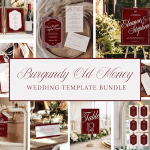 Może przedstawiać: Kolaż bordowych szablonów ślubnych, w tym zaproszenia, znaki barowe, karty stołowe i plany miejsc. Tekst "Burgundy Old Money WEDDING TEMPLATE BUNDLE" jest wyraźnie wyświetlany. Projekty charakteryzują się eleganckimi czcionkami i złotymi akcentami.