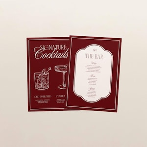 Puede incluir: Dos tarjetas de men&uacute; de c&oacute;cteles de color granate con texto blanco. Una tarjeta dice "Signature Cocktails" con ilustraciones de bebidas. La otra tarjeta dice "The Bar" con una lista de bebidas. Un dise&ntilde;o cl&aacute;sico para un bar o evento.