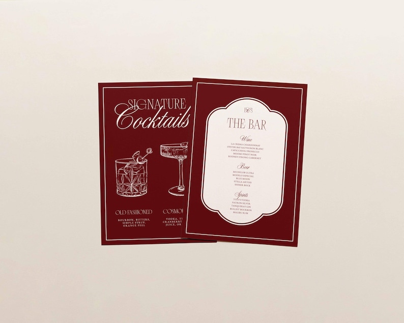 Puede incluir: Dos tarjetas de men&uacute; de c&oacute;cteles de color granate con texto blanco. Una tarjeta dice "Signature Cocktails" con ilustraciones de bebidas. La otra tarjeta dice "The Bar" con una lista de bebidas. Un dise&ntilde;o cl&aacute;sico para un bar o evento.