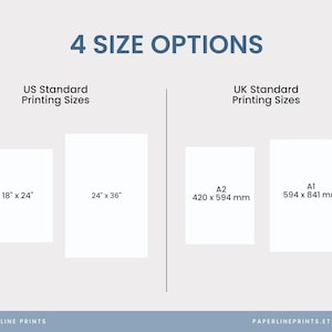 K&ouml;nnte beinhalten: Grafik mit vier Druckgr&ouml;&szlig;enoptionen. US-Gr&ouml;&szlig;en sind 45,7 x 61 cm und 61 x 91,4 cm. UK-Gr&ouml;&szlig;en sind A2 (420 x 594 mm) und A1 (594 x 841 mm). Der Text "4 SIZE OPTIONS" steht oben.