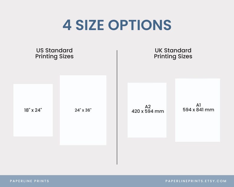 K&ouml;nnte beinhalten: Grafik mit vier Druckgr&ouml;&szlig;enoptionen. US-Gr&ouml;&szlig;en sind 45,7 x 61 cm und 61 x 91,4 cm. UK-Gr&ouml;&szlig;en sind A2 (420 x 594 mm) und A1 (594 x 841 mm). Der Text "4 SIZE OPTIONS" steht oben.
