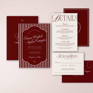 May include: A collection of burgundy and cream wedding stationery. The invitation features a striped border and elegant script with the names Eleanor Westfield and Stephen Carrington. Other cards include details and RSVP information.