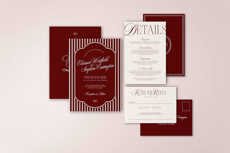 May include: A collection of burgundy and cream wedding stationery. The invitation features a striped border and elegant script with the names Eleanor Westfield and Stephen Carrington. Other cards include details and RSVP information.