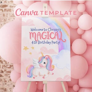SIGN – Unicorn Birthday Party Sign Template for Kids, Editable Canva Design, Magical Welcome Sign, Printable Party Decor Digital Download