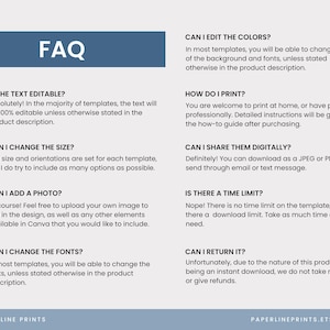 K&ouml;nnte beinhalten: Eine FAQ f&uuml;r ein digitales Produkt mit einem blauen Header mit der Aufschrift "FAQ". Der Text beantwortet Fragen zum Bearbeiten von Farben, Text, Gr&ouml;&szlig;e, Hinzuf&uuml;gen von Fotos, Drucken, digitalem Teilen, zeitlichen Beschr&auml;nkungen und R&uuml;ckgaben. Der Etsy-Shop-Name steht unten.