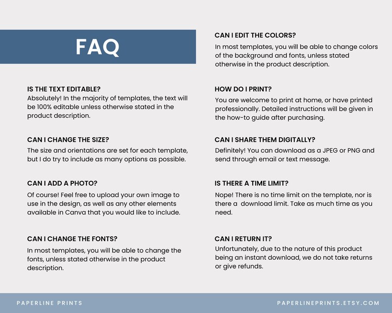 K&ouml;nnte beinhalten: Eine FAQ f&uuml;r ein digitales Produkt mit einem blauen Header mit der Aufschrift "FAQ". Der Text beantwortet Fragen zum Bearbeiten von Farben, Text, Gr&ouml;&szlig;e, Hinzuf&uuml;gen von Fotos, Drucken, digitalem Teilen, zeitlichen Beschr&auml;nkungen und R&uuml;ckgaben. Der Etsy-Shop-Name steht unten.