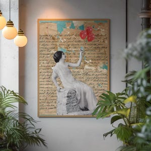 Collage vintage - Mujer nostálgica con globos - Decoración de pared surrealista - Fondo de carta antigua manuscrita
