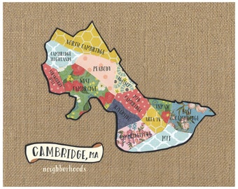 Cambridge, MA Neighborhood Map - Original Cut Paper Print FREE SHIPPING