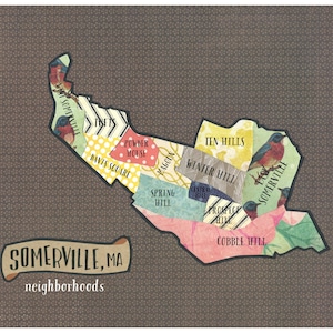 Somerville, MA Buurten Kaart - Originele Cut Paper Illustratie GRATIS VERZENDING
