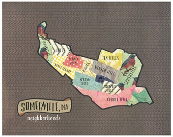 Somerville, MA Neighborhoods Map - Original Cut Paper Illustration FREE SHIPPING
