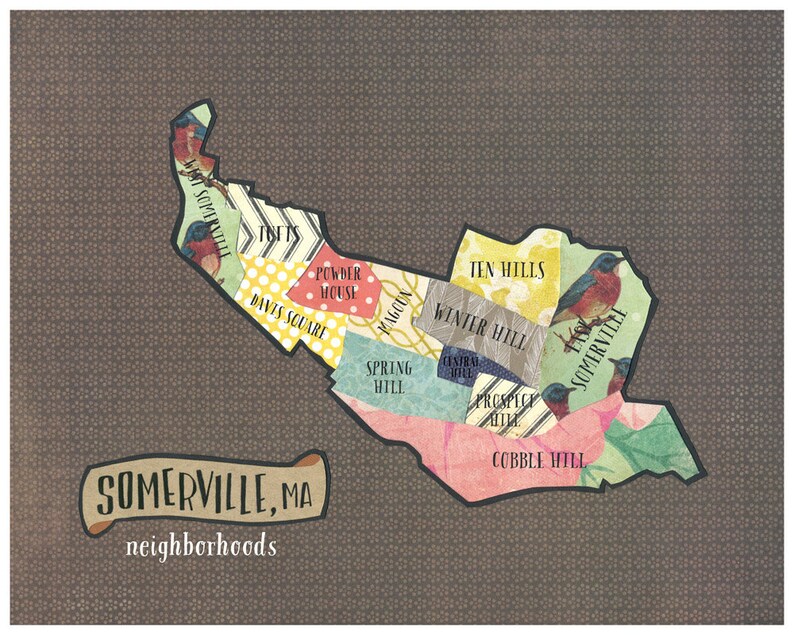 Somerville, MA Neighborhoods Map Original Cut Paper Illustration FREE SHIPPING image 1