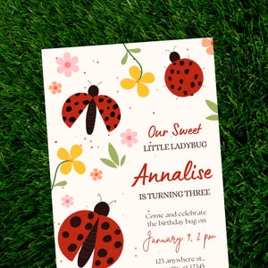 Faire-part d'anniversaire modifiable coccinelle, invitation florale rouge et jaune, fête à thème coccinelle, anniversaire d'enfants à imprimer, téléchargement immédiat sur toile