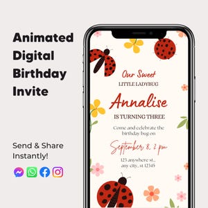 Invito elettronico modificabile per il compleanno di Coccinella, invito digitale animato, tema Coccinella, personalizzabile, invito per i social media, download immediato da Canva