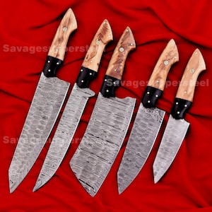 Chef Knives Set 5 Pcs Natural Kao Wood Handles With Damascus Steel Blades Leather bag Birthday Gifts Corporate Gifts Thanksgiving Gifts