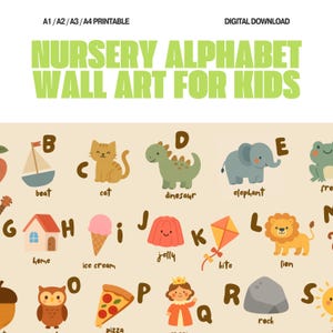 Kinderzimmer Alphabet Wandkunst, A-Z druckbare Poster für Kinder, ABC Lerntabelle, sofortiger Download, A1 A2 A3 A4 Größen, druckbar