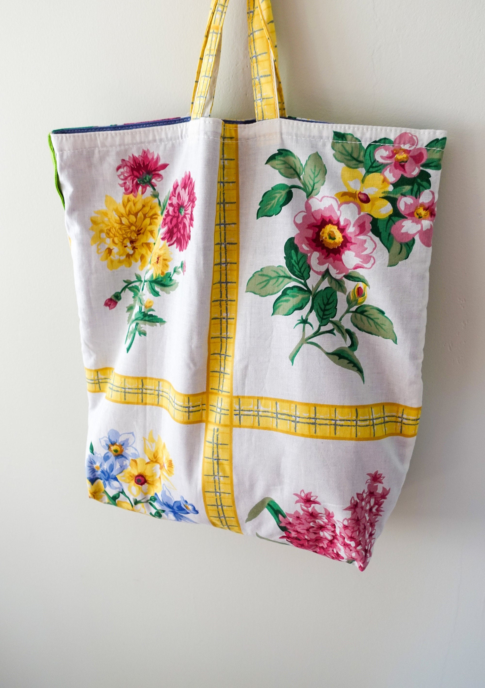 花柄キャンバスショッパー ハンドメイド90年代花柄キャンバストートバッグ、スカンジナビア