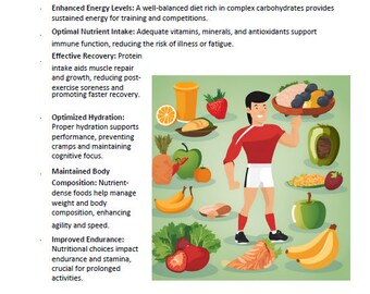 May include: Illustration of a healthy diet vs junk food. A person is holding a plate of healthy foods, including fruits, vegetables, and whole grains. The text "GOOD DIET VS JUNK FOOD" is at the top of the image. The text below describes the benefits of a healthy diet for athletes.