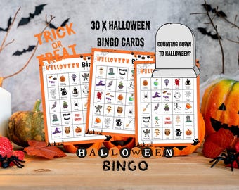 Bingo de Halloween, juegos de Halloween, fiesta de Halloween, tarjetas de bingo de Halloween, familia, imprimible de Halloween, 30 tarjetas diferentes, descarga instantánea