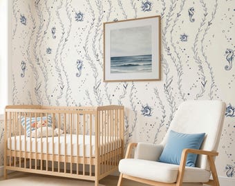Blue Seahorse Wallpaper Coastal Nursery Wall Decor Ocean Mural Nautical Wall Art Underwater Nursery Decor