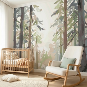Murale da parete per cameretta a tema bosco, carta da parati con foresta ad acquerello, murale con pino nebbioso, decorazione neutra per la cameretta del bambino.