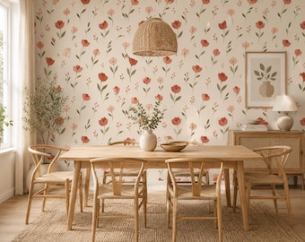 Röd tulpan tapet, självhäftande, elegant blommig tapet, skandinavisk väggdekor, minimalistisk blommig väggkonst, avtagbar