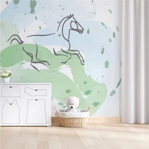 Minimalist Horse Mural Watercolor Nursery Wallpaper