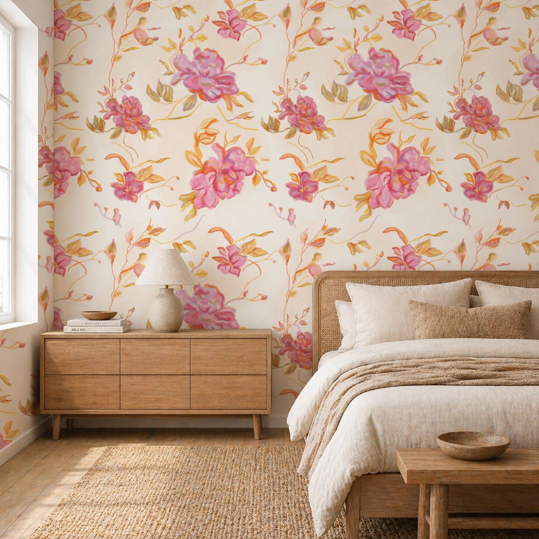 Peony Wallpaper Peel and Stick Floral Wall Mural for Nursery Cream Boho ...
