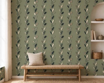 Papier peint à rayures en feuilles, décoration murale botanique verte, motif minimaliste de vigne vertical
