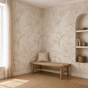 Papier peint dessin au trait botanique Art mural floral beige minimaliste Décoration botanique neutre
